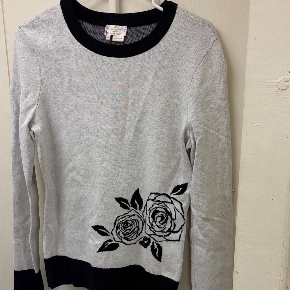 Kate Spade Light Gray Sweater with Black Rose Design